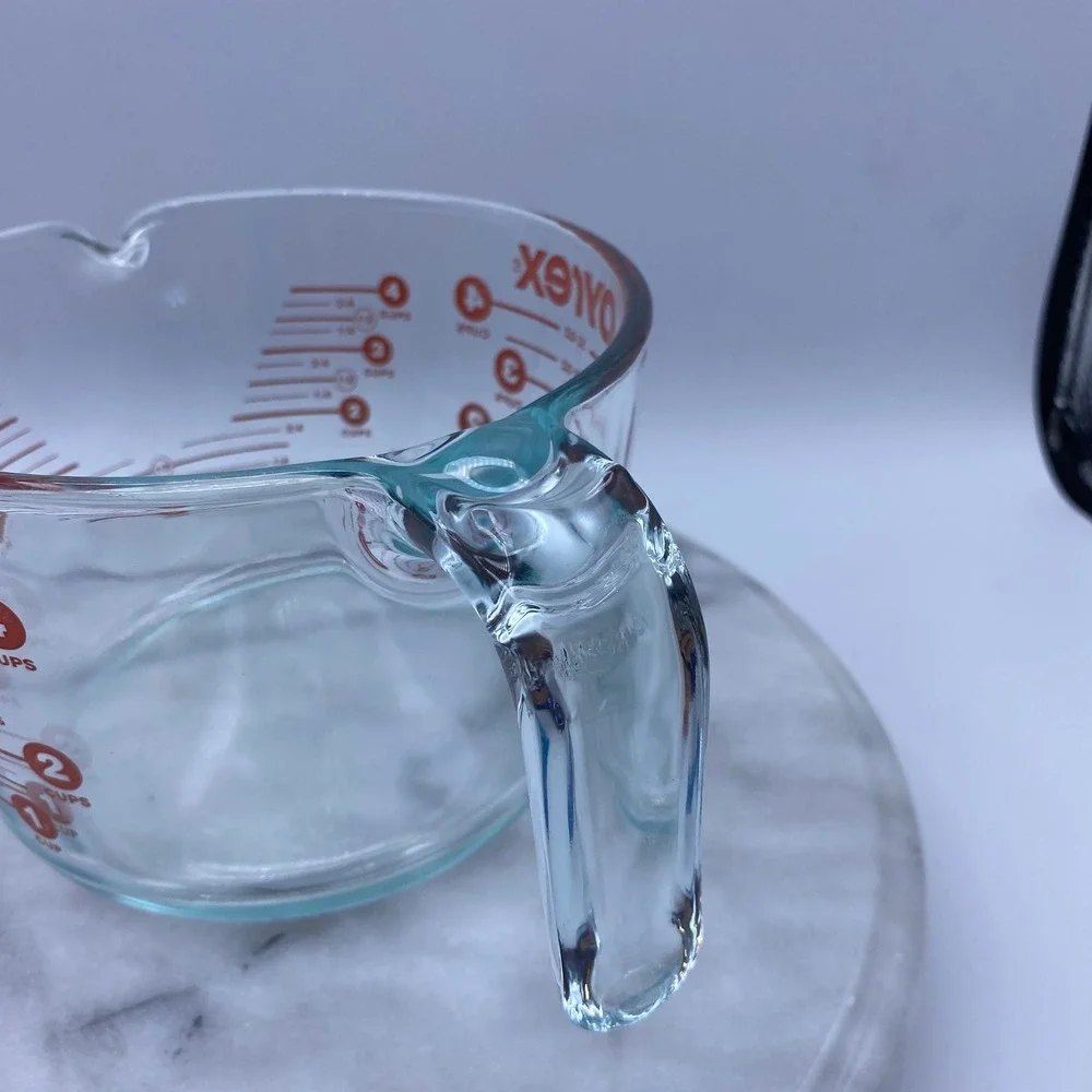 Pyrex 4 Cup Glass Measuring Cup Clear Red Markings 32oz Handle Spout USA Vintage